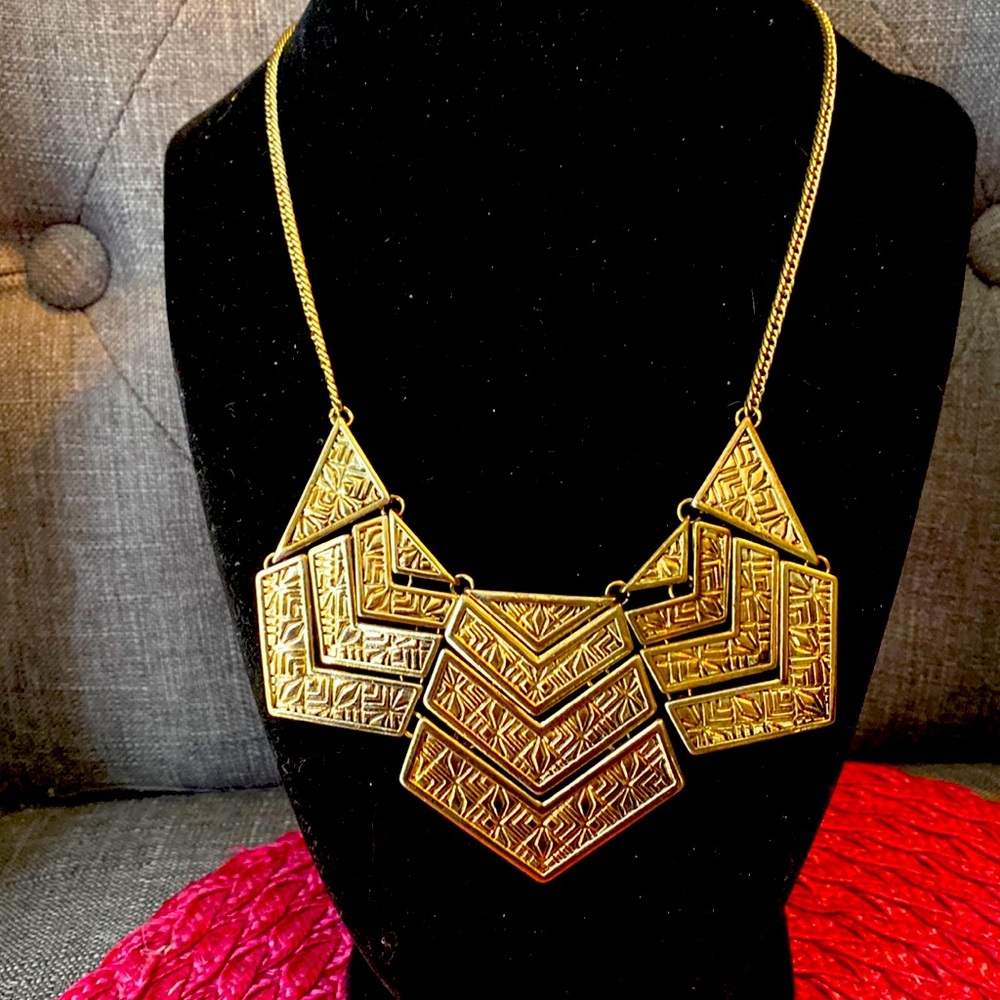 Modernist geometric gold tone bib necklace